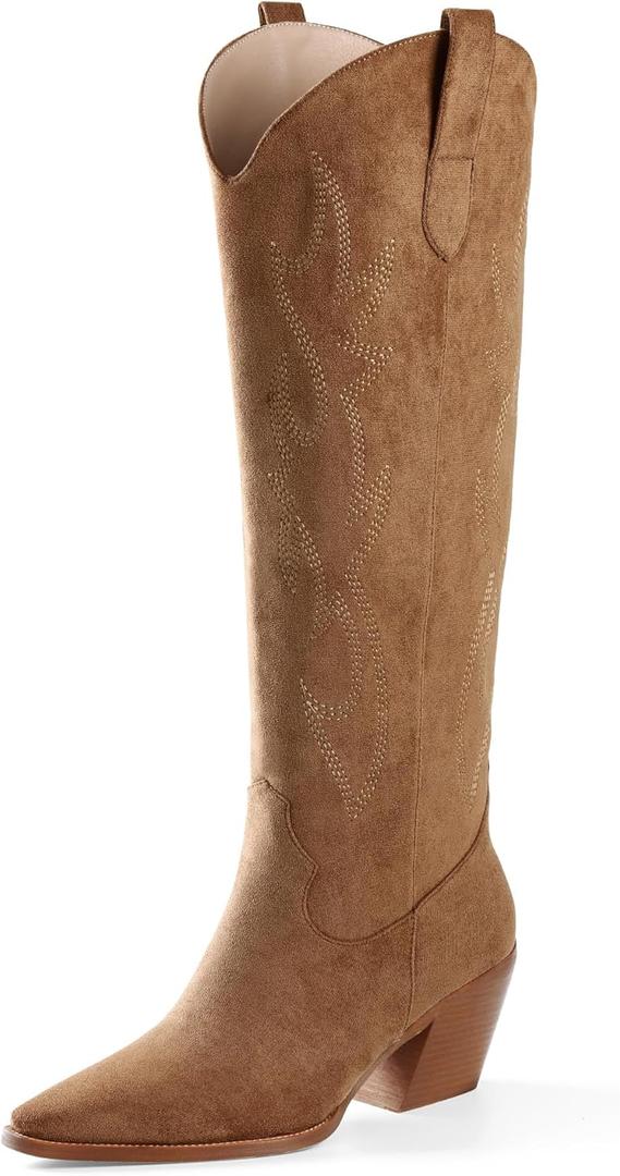 iiimmu Cowgirl Boots Women Knee High Boots Pointed Toe and Block Heel Cowboy Suede and Faux Leather Boots with Embroidered (9.5, Light Brown)