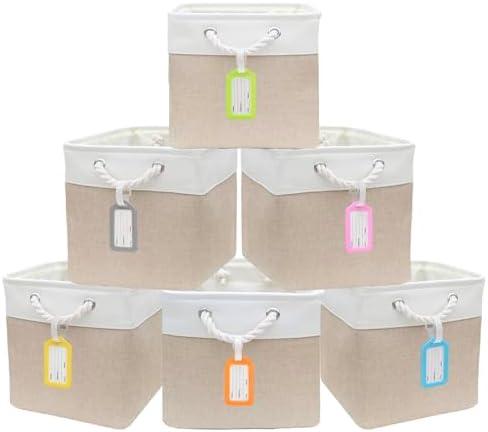 MANCHUANG 4 Pack Cube Storage Bins, 11 x 11 Inch Stitching Color Collapsible Fabric Storage Basket with Ropes, Foldable Storage Cubes for Home, Office,Closet, Clothes (White & Beige)