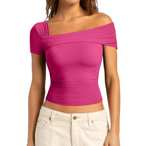 SUUKSESS Women One Off The Shoulder Summer Tank Tops Ruched Short Sleeve Shirts (Pink, M)