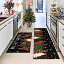 Black Merry Christmas Tree Kitchen Mats Set of 2,Xmas Star Winter Seasonal Farmhouse Home Decor Low-Profile Kitchen Rugs for Floor 17x30+17x47 Inch
