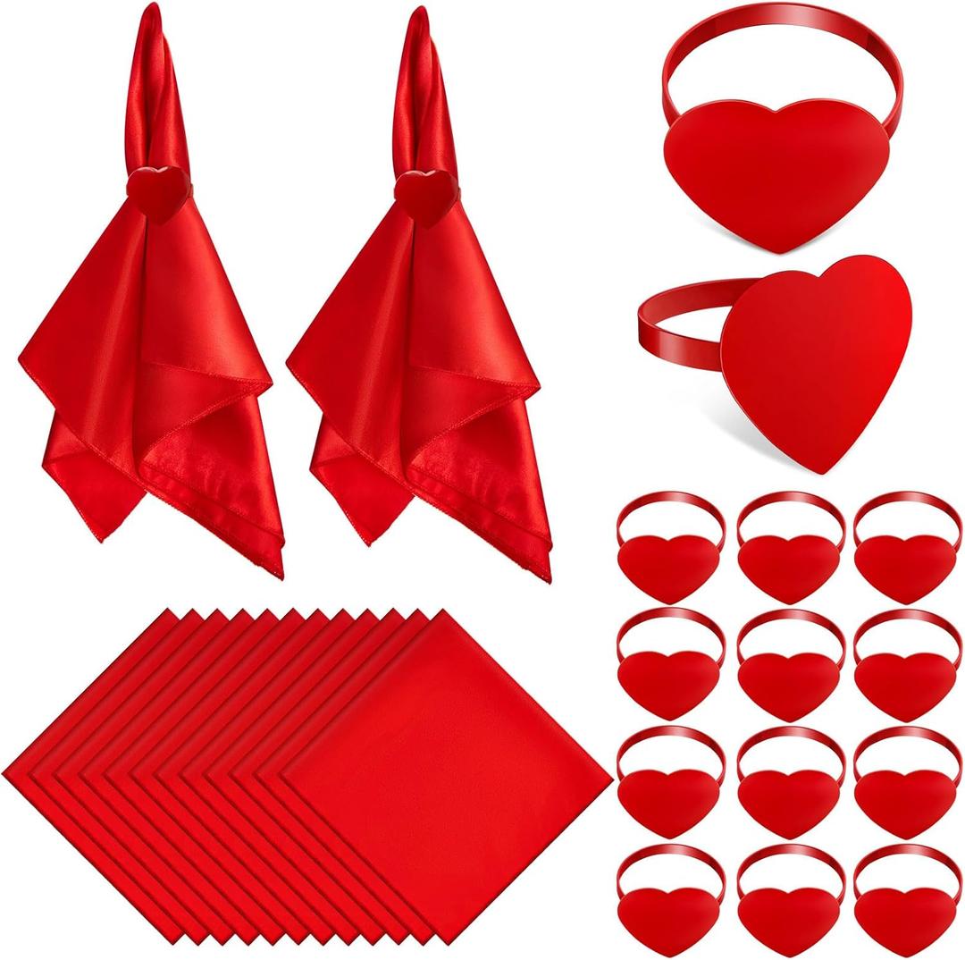 12 Set Red Cloth Napkins and Heart Napkin Rings Set Heart Shape Ring Holder Reusable Dinnerware for Valentine Mother's Day Wedding Dinner Bride Shower Party Table Decoration(18 x 18 Inch)