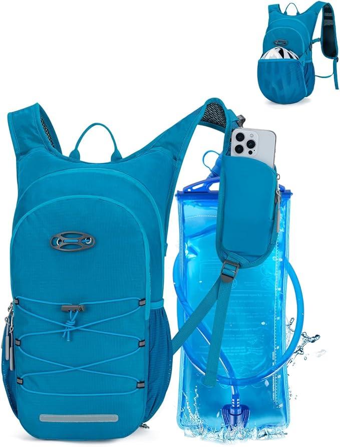 Hydration Backpack with 2L Water Bladder, Hiking Water Backpack for Men Women with Phone Pocket and Helmet Holder