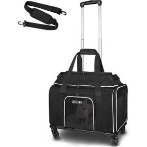 Petskd Top-Expandable Pet Carrier with Wheels 17x11x9.5 Inches Alaska Airline Approved, Soft-Sided Carrier for Small Cats Dogs with Locking Safety Zippers and Anti-Scratch Mesh(Black)