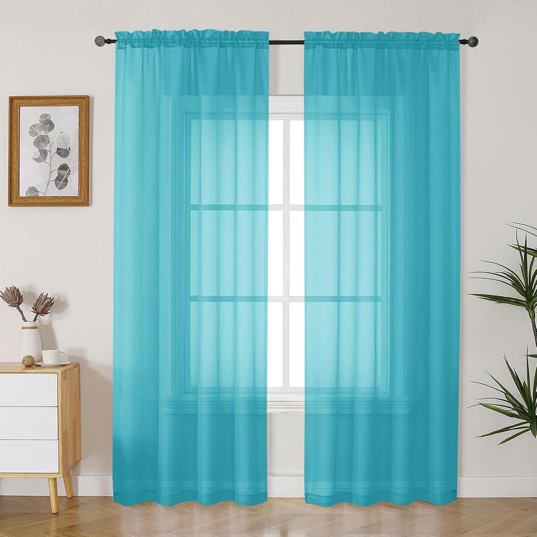 Gwine Turquoise Sheer Curtains 84 Inches Long 2 Panels Set for Living Room, Rod Pocket Voile Bedroom Curtains, Light Filtering Solid Window Sheer Panels, Each 42" W x 84" L