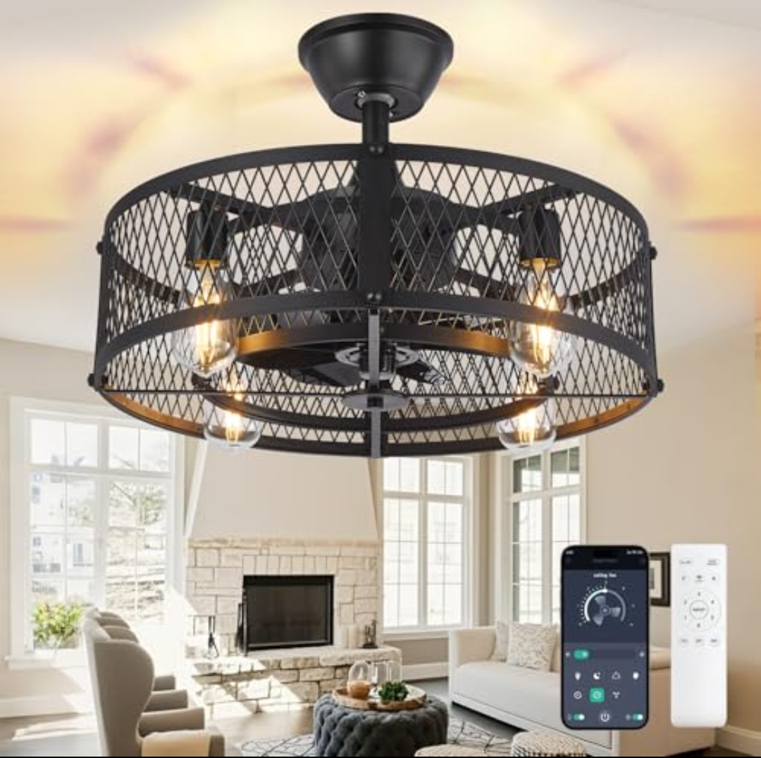 DLLT Caged Ceiling Fan with Light: 20" Farmhouse Fandelier with Lights and Remote & APP - Black Rustic Semi Flush Mount Bladeless Ceiling Fans Enclosed Fan for Bedroon Kitchen Living Dining Room