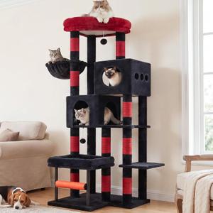 Hey-brother Cat Tree Tower with Stable L-Shaped Widen Base, Condo, MPJ086BR | 68.5 Inches Multi-Level Furniture with 2 Platforms, 11 Scratching Posts, Hammock and Toys Ball for Indoor Cats, Black and Red