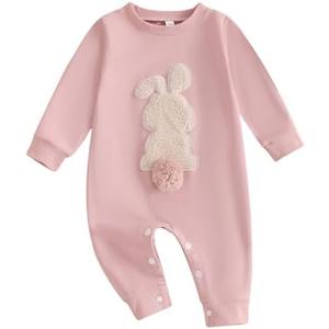 Easter Baby Boy Girl Outfit Embroidery Bunny Rompers Bunny Tail Jumpsuit Unisex Newborn Infant Easter Clothes, Pink, 3-6Months