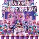 51 Pcs Cute Cartoon Birthday Decorations, Demon Anime Hunter Birthday Party Decorations, Includes 1 “Happy Birthday” Banner, 6 Spiral Garlands, 18 Latex Balloons, 1 Cake Topper, and 24 Cupcake Toppers