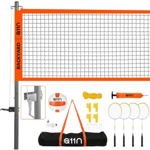 A11N SPORTS Outdoor Volleyball and Badminton Combo Set - Includes Adjustable Height Anti-Sag Net, Volleyball, Air Pump, 4 Badminton Rackets, 2 Shuttlecocks, Boundary Line Marker, and Carrying Bag