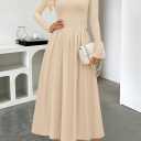 MEROKEETY Women's Fall Long Sleeve Wedding Guest Dresses 2025 One Shoulder Elegant Formal Pleated Midi Maxi Dress (Beige, S)