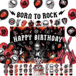 45Pcs Rock and Roll Party Decorations Include Born to Rock Banner-Backdrop-Guitar Balloons-Cake Topper-Cupcake Toppers for Music Themed Party Decorations