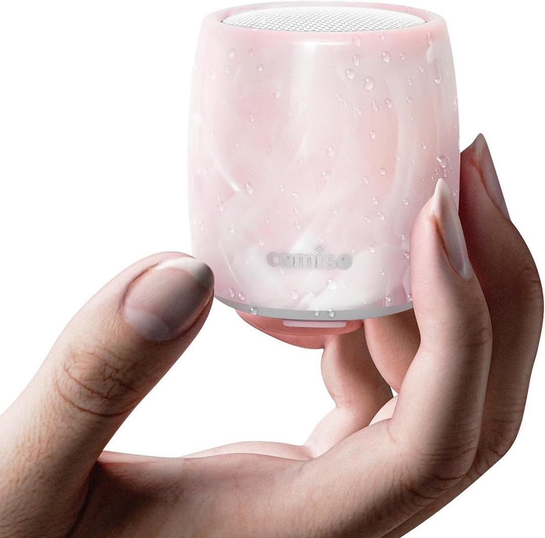 comiso Small Speaker, IPX7 Waterproof Bluetooth Speaker with Stereo Sound and Robust Bass, Mini Speakers with Hands-Free Call, Portable Speakers for Shower, Indoor & Outdoor, Gift for Men, Women (Pink)