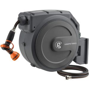 Giraffe Tools Retractable Garden Hose Reel 1/2"130FT Wall Mount Auto Rewind
Any Length Lock,Auto Rewind System,180° Swivel Bracket,Heavy Duty Hybrid Hose,Easy to Assemble,7 Spray Patterns