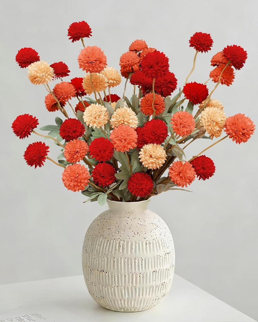 Faux Silk Mums Artificial Flowers for Vase, 8Pcs Fake Kiku Small Mini Chrysanthemum Pom Pom Stems for DIY Bouquets Centerpieces Vase Home Decorations Floral Arrangement(Red,Burnt Orange,Peach)