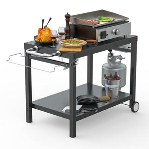 LS'BABQ Outdoor Grill Table Cart, Pizza Oven Stand, BBQ Prep Table with Trash Bag Holder Wheels & Hooks, Double-Shelf Movable Food Prep and Work Stand, Powder-Coated Steel Flattop Grill Cart