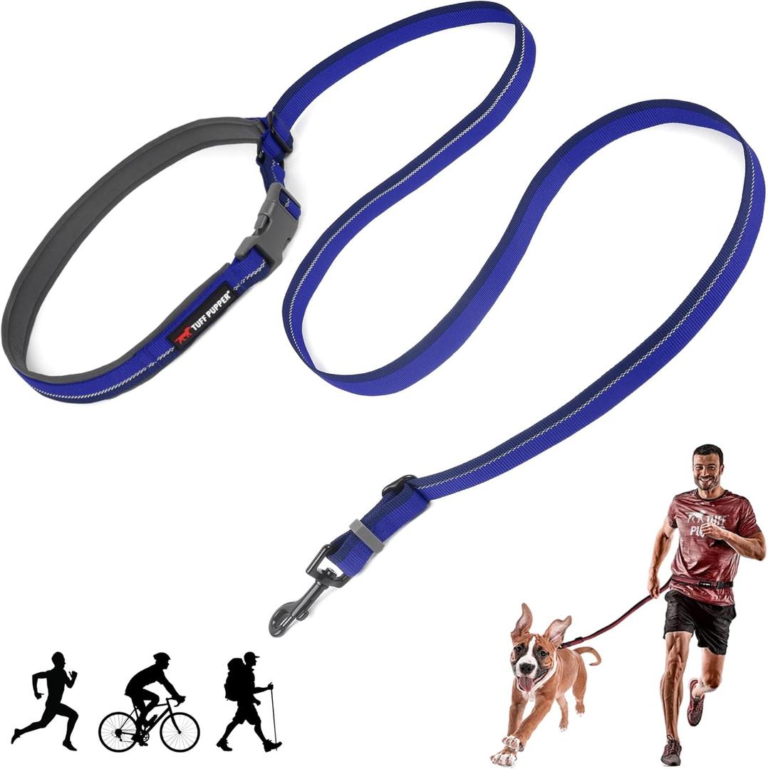Tuff Pupper Hands Free Adjustable Length Dog Leash | Lightweight for Running Jogging Walking | Padded Waist Belt (24-50 Inch) | Adjusts 3 to 6 Feet Length | Strong Ballistic Nylon w/Reflective Strips (Blazing Blue)