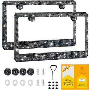 Bling License Plate Frame for Women,2 Pack Premium Stainless Steel Rhinestone License Plate Holder,Handmade Glitter Crystal Diamond Girl Lincense Plate Tag Cover,Bedazzled Sparkly, Black