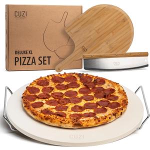 Cuzi Gourmet XL 4-Piece Pizza Stone Set - 15" Thermal Shock Resistant Cordierite Baking Stone, 22" Natural Bamboo Peel & Cutter Rocker - Large Stone for Grill and Oven