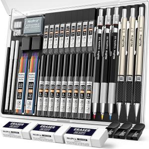 Nicpro 35PCS Art Mechanical Pencil Set, 3 PCS Metal Drafting Pencil 0.5 mm & 0.7 mm & 0.9 mm & 3 PCS 2mm Lead Holder (6B 4B 2B HB 2H 4H Colors) For Sketching Drawing With 20 Tube Lead Refills Case (Black)