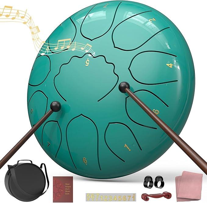 Rain Drum for Outside Garden, 8 Inches 11 Notes Steel Tongue Drum, Waterproof Meditation Rain Chime, Musical Instruments for Adult Gift with Bag, Music Book, Mallets (Lake Blue)