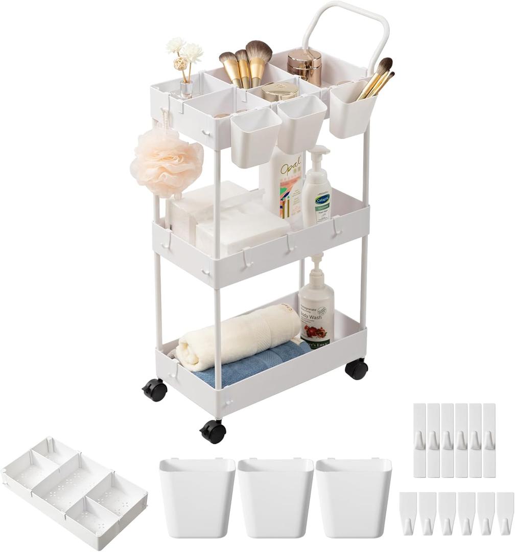 danpinera Storage Cart on Wheels, 3 Tier Slim Laundry with Wheels Bathroom Organizer with Hanging Cups Hooks Dividers Handle Mobile Rolling Art Cart for Bathroom Kitchen Narrow Places, White
