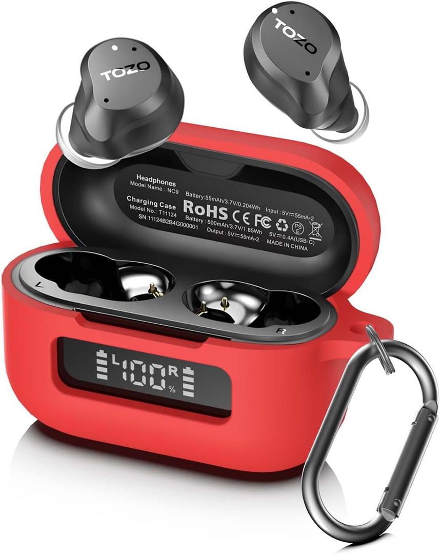 for TOZ0 NC9(2024) Case Cover, Silicone Protective Scratch Resistant Battery Display Visible Design Cover for TOZO Hybrid Active Noise Cancelling Wireless Earbuds with Carabiner-Red