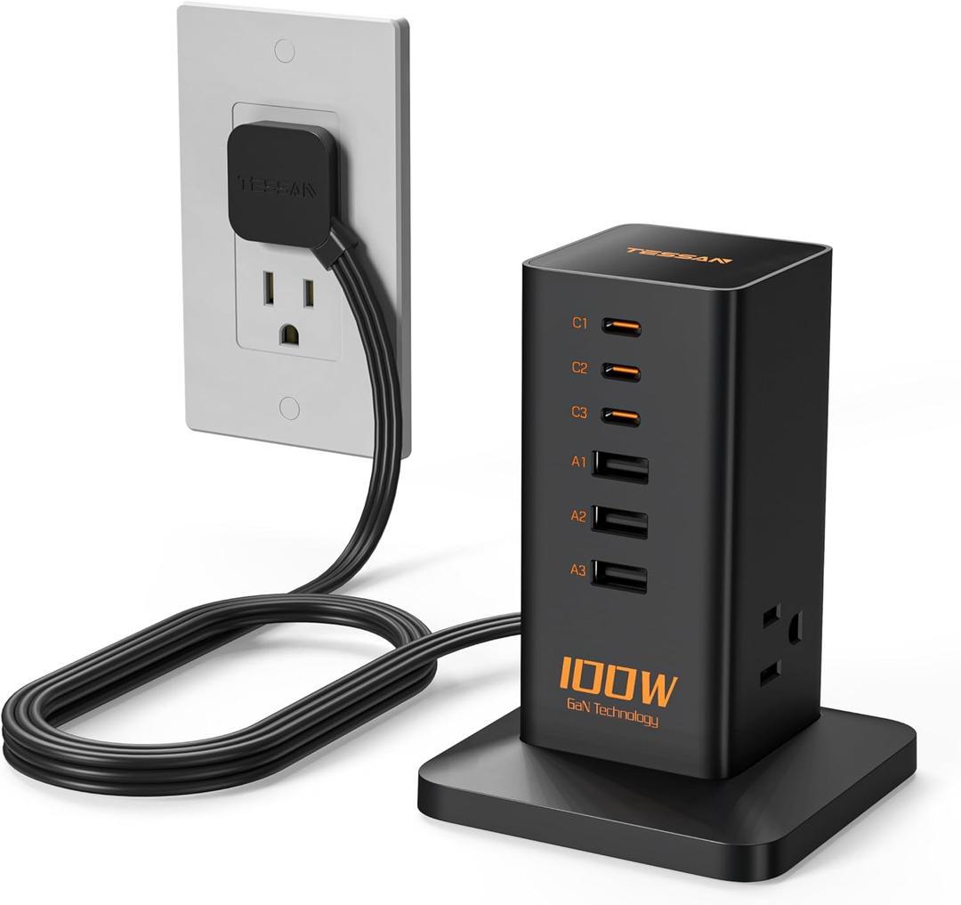 Charging Station for Multiple Devices, TESSAN 9-in-1 USB C Power Strip for iPhone 17/16/15, MacBook, Tablet, Desktop Phone Fast Charger with 3 AC, USB Charger, Home Drom Office Accessories, Black-100W