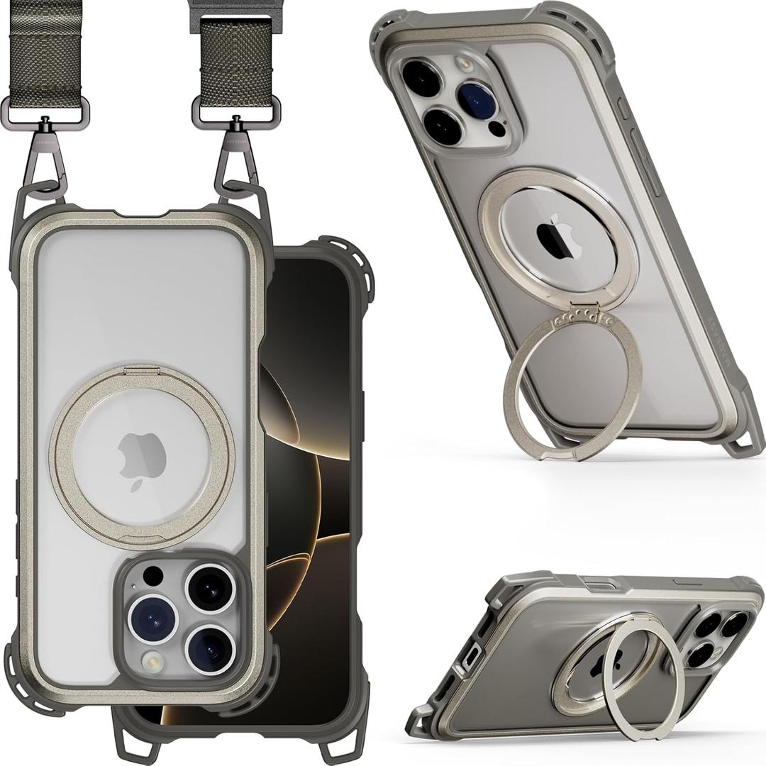 MAGEASY Designed for iPhone 16 Pro Case with 360 Stand - 25ft Ultimate Drop Protection Compatible with MagSafe, Shockproof Case with Crossbody Utility Strap, Aluminum Frame | Odyssey Ultra M
