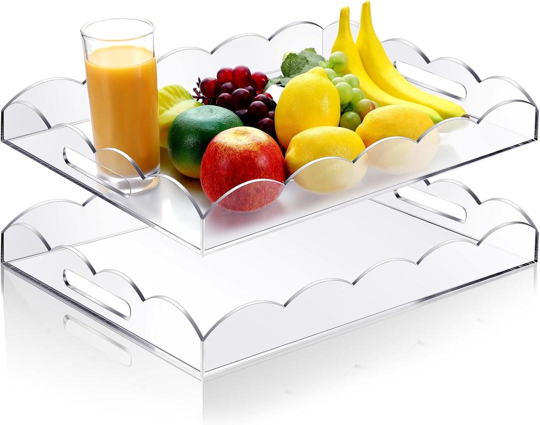 2 Pack 16 x 12 Acrylic Clear Serving Trays with Handles, Scalloped Acrylic Decorative Tray Organiser for Display Food Ottoman Coffee Tables Kitchen Countertop Bathroom Makeup
