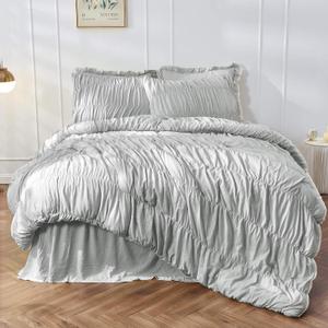 Bonlino King Size Comforter Set Bedding - Ruched Light Grey Comforter King Bed Set Boho Shabby Chic Comforter Fluffy 3 Piece Ruffle Comforter Set Pillow Girl Bedding Soft and Luxury