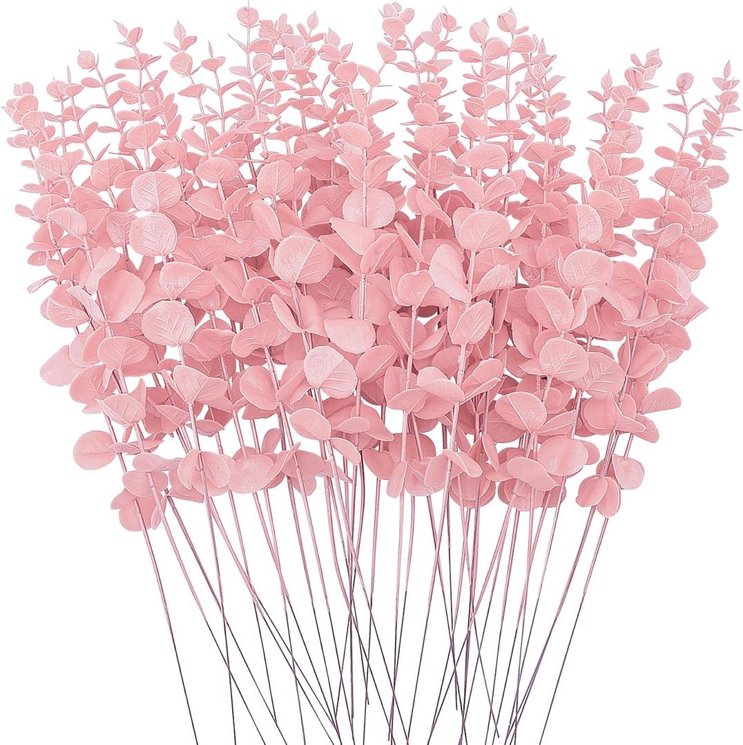 FEQO 36 Pcs Pink Eucalyptus Stems Artificial Leaves Faux Eucalyptus Stems Branches 15 inch for Wedding Bouquet Home Deco