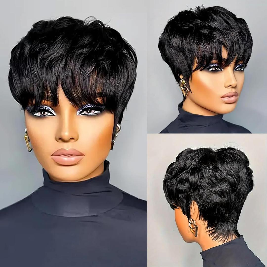 Short Black Human Hair Pixie Cut Wigs for Black Women Human Hair Glueless pixie Wig Layered None Lace Front Wig with Bangs Natural Straight Full Machine Made 1B Color