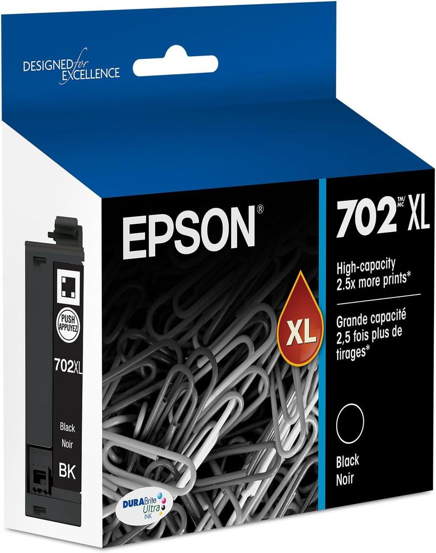 EPSON 702 DURABrite Ultra Ink High Capacity Black Cartridge (T702XL120-S) Works with WorkForce Pro WF-3720, 3730, 3733