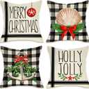 2 x Fahrendom Merry Christmas Nautical Decorative Throw Pillow Covers 18 x 18 Set of 4, Beach Coastal Xmas Shell Anchor Holly Jolly Pillowcase, Winter Holiday Buffalo Plaid Couch Cushion Case Home Decor