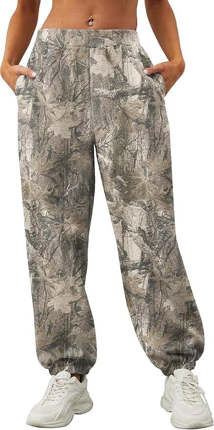 Women Camo Baggy Fleece Sweatpants Elastic High Waisted Trouser Active Workout Jogger Pant Lounge Bottoms with Pockets, S
