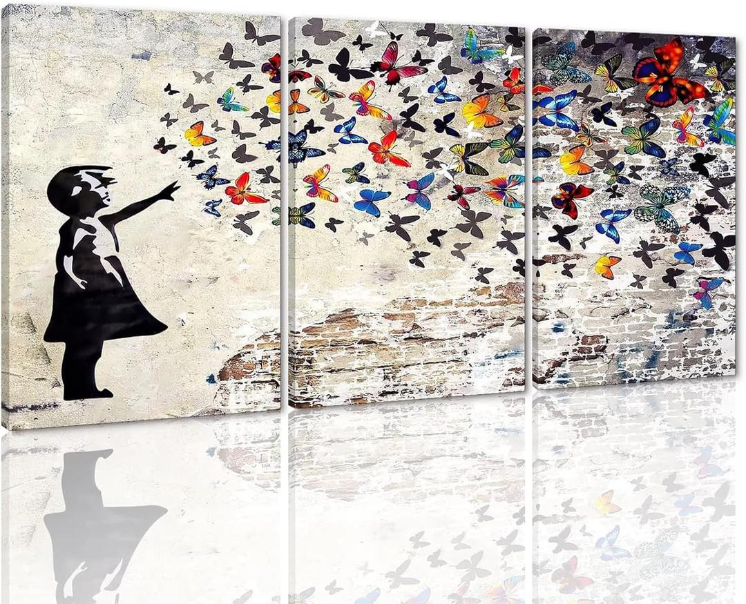 3 Panel Girl and Colorful Butterflies Canvas Wall Decor 20x28inch