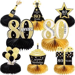 Outus 8 Pcs 80th Birthday Table Decorations for Men and Women Happy 80th Honeycomb Centerpieces Black Gold Cheers to 80 Years Decor 1945 Tables Toppers for Eighty Birthday Anniversary Party Favors