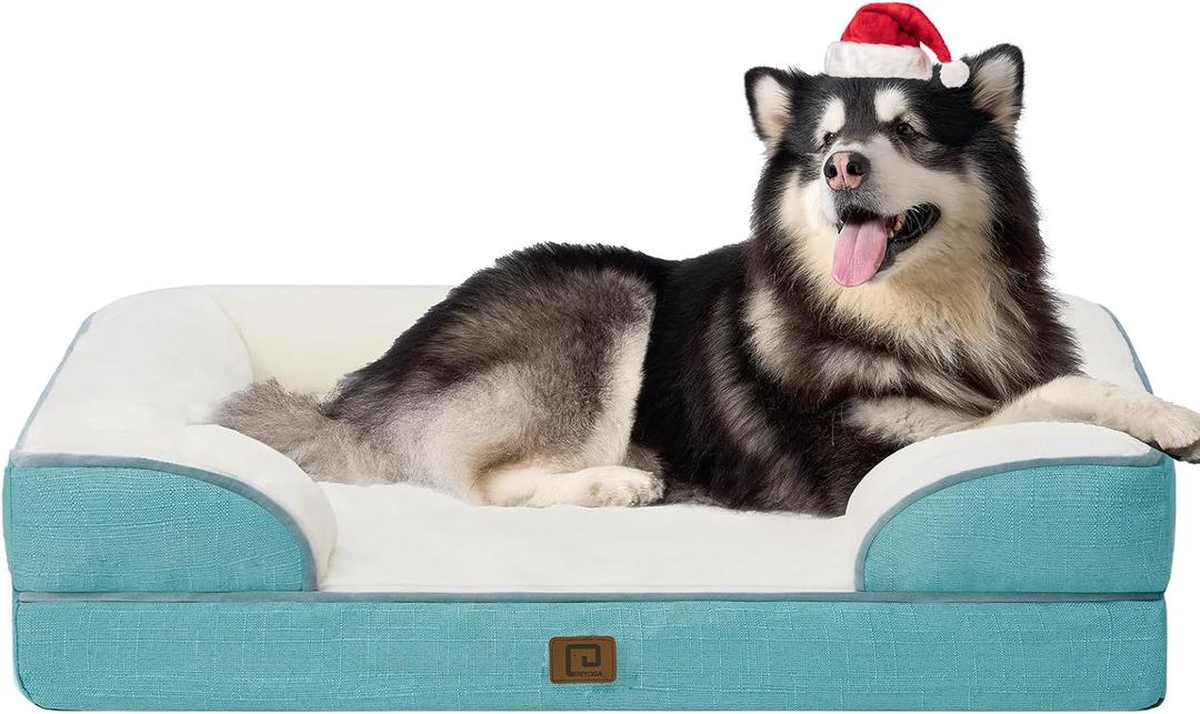 EHEYCIGA Orthopedic Dog Beds for Extra Large Dogs, Waterproof Memory Foam XXL Dog Bed with Sides, Non-Slip Bottom and Egg-Crate Foam Big Pet Couch Bed with Washable Removable Cover, Turquoise Blue