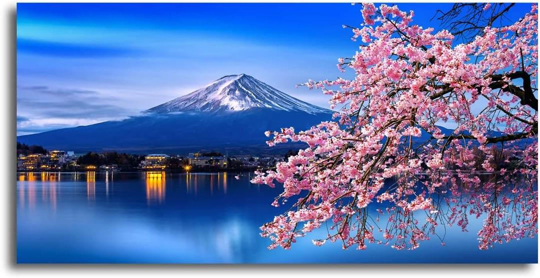 Aibonnly Wall Art Canvas Painting Cherry Blossoms Mount Fuji 1 Piece Mount Fuji and the Sakura Blossoming Lake Picture Poster Print Framed and Stretched Ready to Hang for Living Room Bedroom (48L" x 24W", Pink)