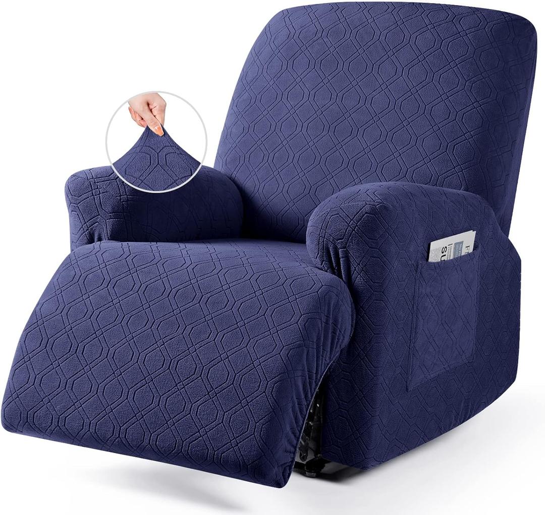 VANSOFY Oversized Recliner Chair Cover, 4-Pieces Stretch Recliner Covers for Recliner Chair Soft Reclining Chair Slipcover Jacquard Pattern Furniture Protector for Dogs Cats(Navy Blue) (1 Seater--X Large)