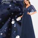 Formal Dresses for Women Prom Evening Gown Sequin Tulle V Neck Ruffle Short Sleeve Empire Waist A Line Long Dress (L)