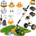 20000 RPM Electric Weed Wacker Cordless, 3-in-1 Weed Eater Cordless with Battery Powered, Lawn Mower/Grass Trimmer/Lawn Edger with 3 Types Blades, Battery Weed Wacker with Wheels (2 Battery, Yellow)