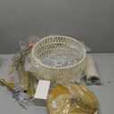 Rattan Floor Lamps for Living Room, Boho Standing Lamps with White Rattan& Linen Double Shades, Arc Lamps Floor Standing with 9W Bulb, Foot Switch, Gold Bohemian Floor Lamps for Bedroom, Office-Drum