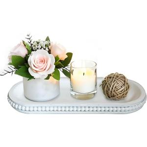 Dwellington Wooden Farmhouse Decorative Tray, 12in Rustic Beaded Tray for Living Room Decor, Kitchen Table Décor, Oval Coffee Table Serving Tray (White)