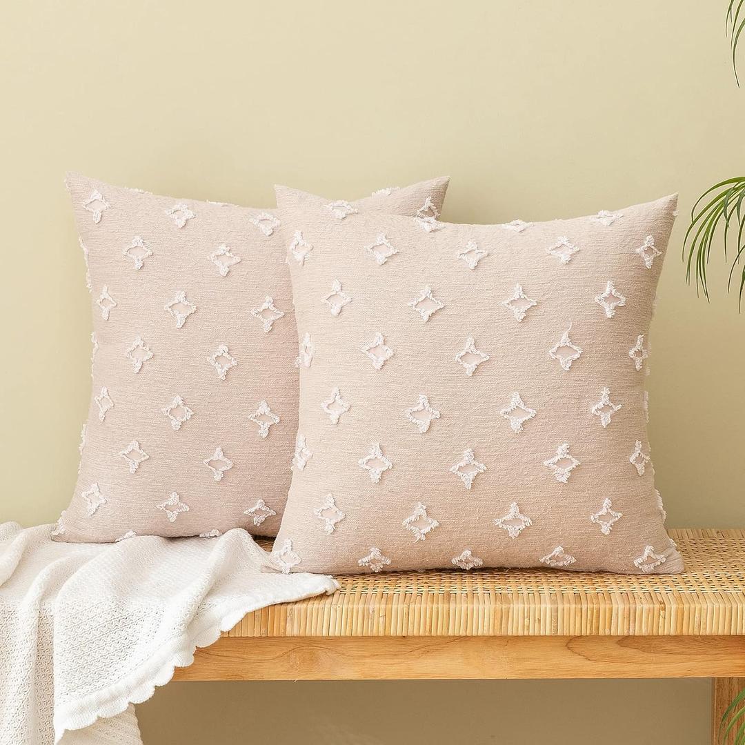 EMEMA Decorative Throw Pillow Covers Rhombic Jacquard Pillowcase Cushion Case Square for Couch Sofa Bed Living Room Bedroom Set of 2, 18x18 Inch, Beige