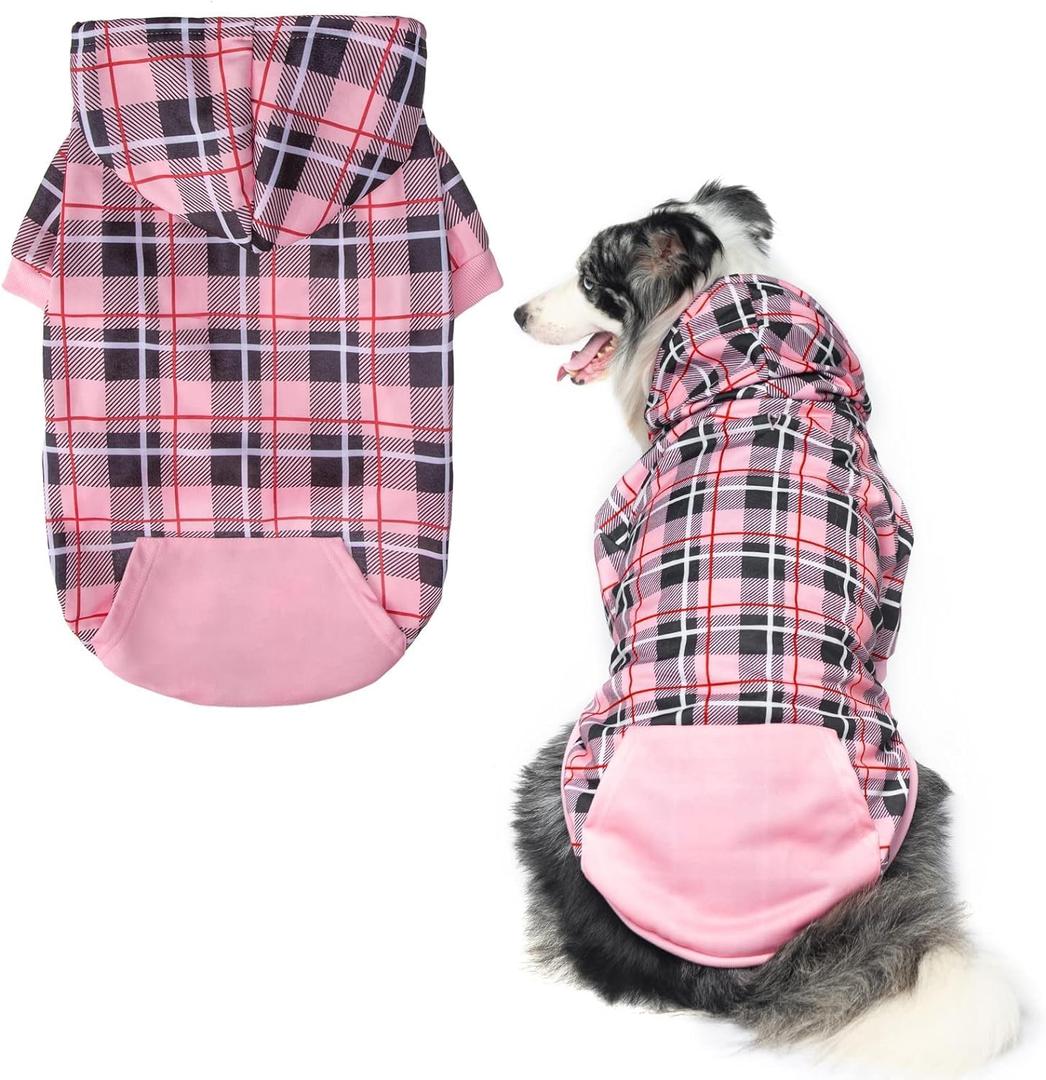 EXPAWLORER Plaid Dog Hoodie - British Style Warm Dog Sweater Shirt with Leash Hole,Pitbull Clothes Outfits,Winter Coat Apparel for All Breeds Puppy Girl Boy-Cat Apparel,Pink Large