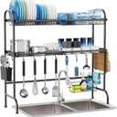 GSlife Stainless Steel Over The Sink Dish Drying Rack - 2 Tier Dish Rack Over Sink, Dish Drainer Rack with Utensil Holder and Cutting Board Holder for Kitchen Counter, Black