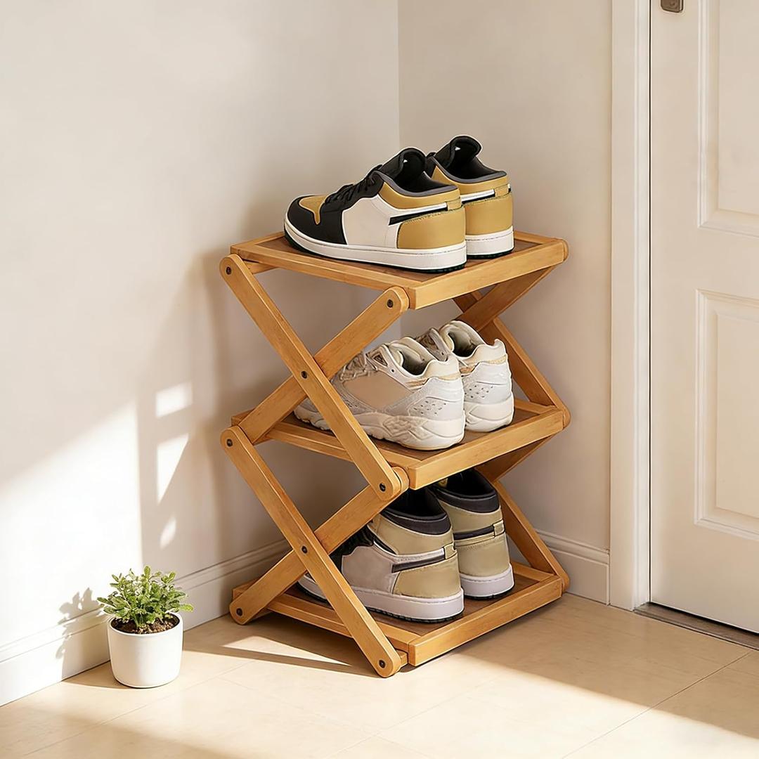 YYW Shoe Rack, Foldable Bamboo Shoes Shelf, Freestanding Shoe Storage Organiser for Entryway, Bedroom, Closet, Hallway - Functional, Natural Shoe Rack (Original, 3 Layers)