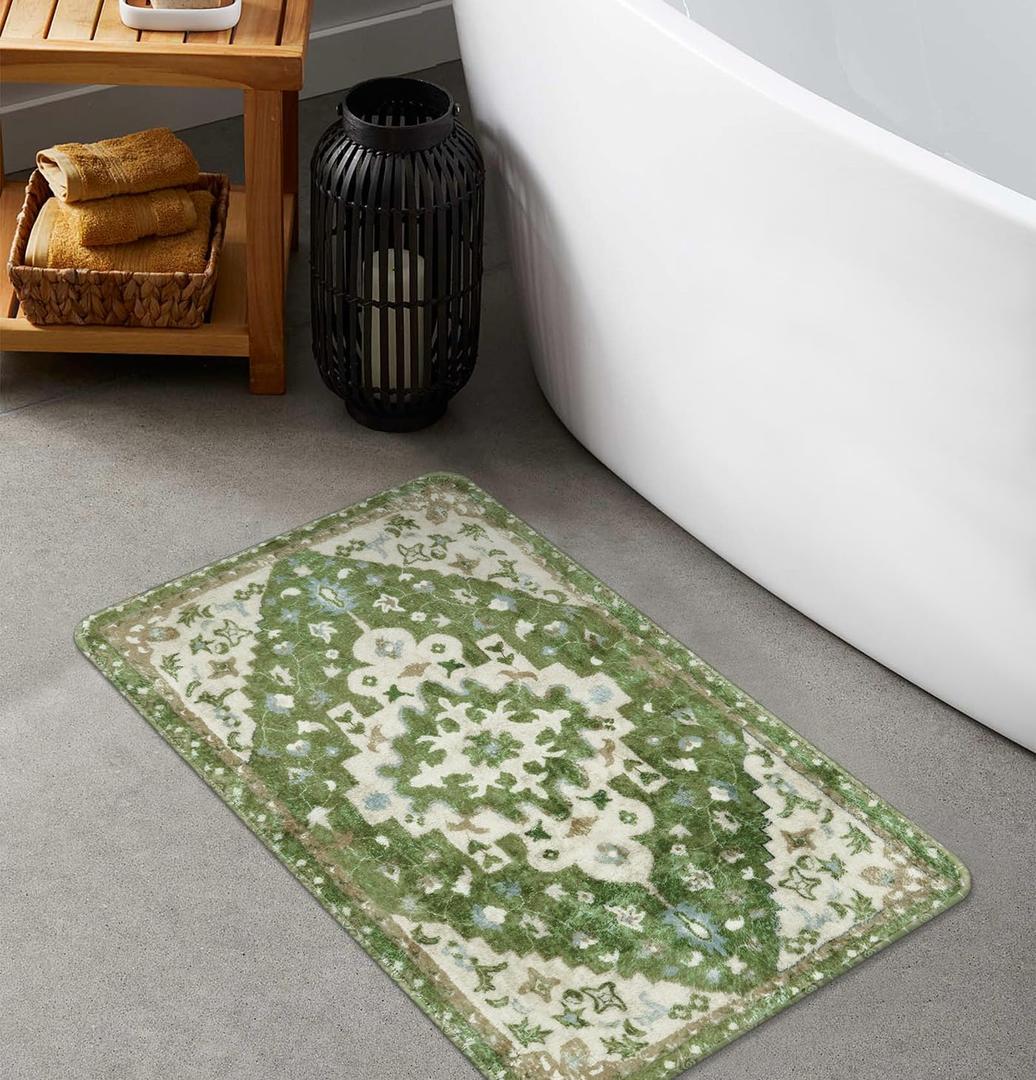 Uphome Vintage Tribal Bath Mat Sage Green Boho Non-Slip Bathroom Rug Oriental Soft Machine Washable Bathroom Mat Cute Aesthetic Floral Bath Mats for Bathroom Decor for Sink Tub Door Mat, 18x25 inch