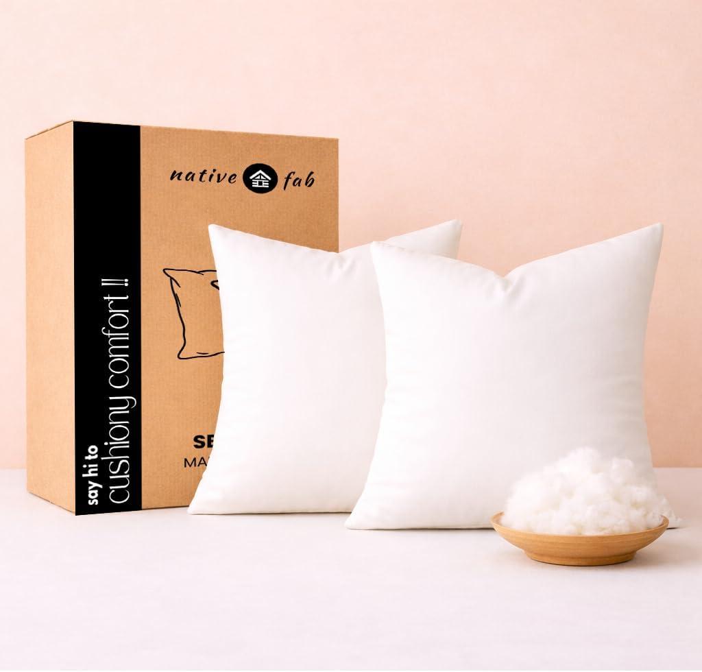 Native Fab Square Throw Pillow Inserts, Pack of 2, 12x12 Inches, White Polyester, Fluffy Decorative Cushion Fillers for Couch, Sofa, Bed, Chair, Home Décor, Back Support & Everyday Comfort
